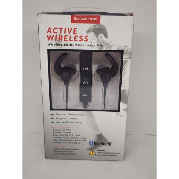 Active Wireless Earbuds (Black) W / In Line Mic, Bluetooth. Free Shipping - Picture 2 of 3